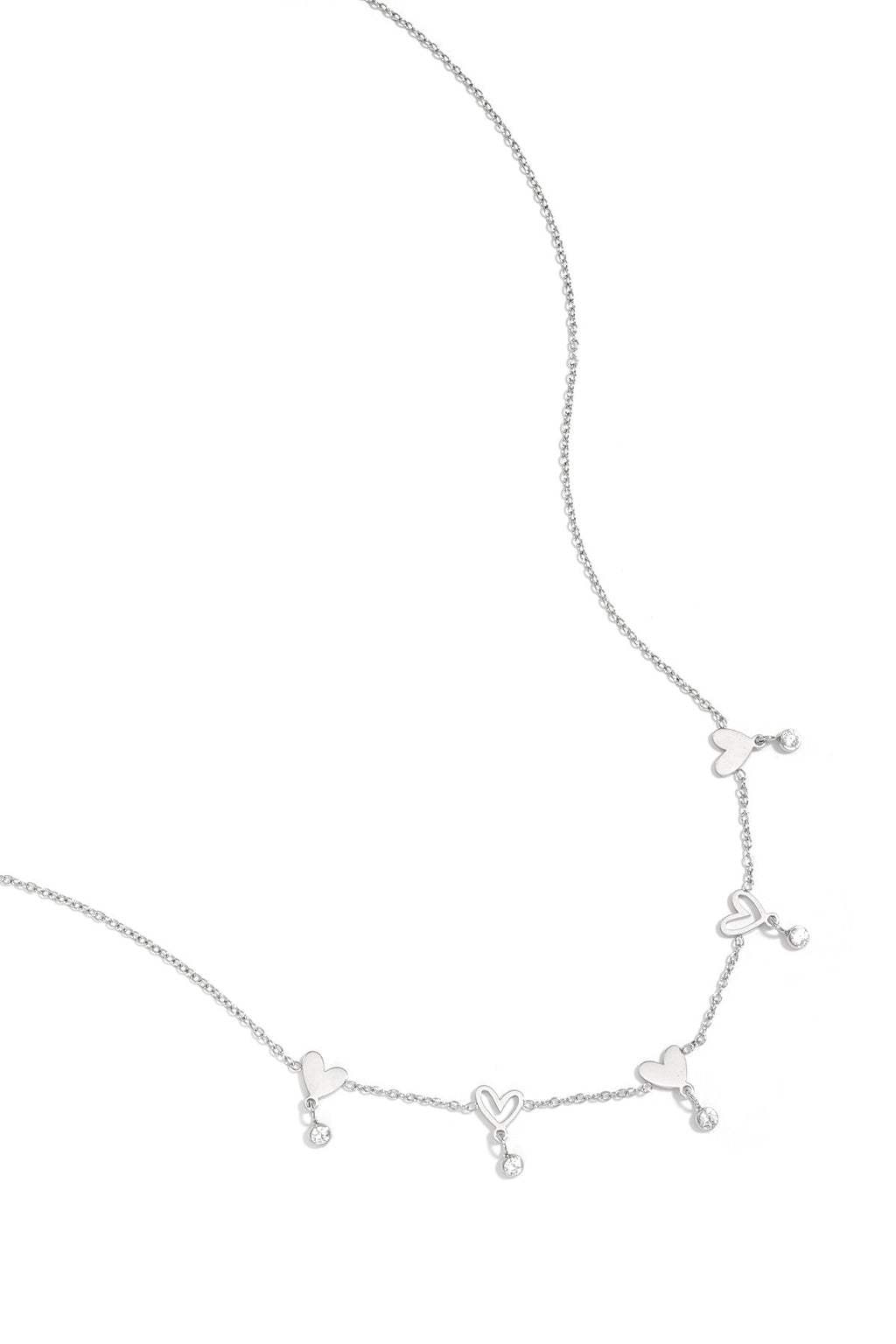 Necklace with alternating hearts and dangling stones