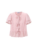 Woven Polyester Fiber Women's Short Sleeve Tops Elegant Tie-up Solid Color