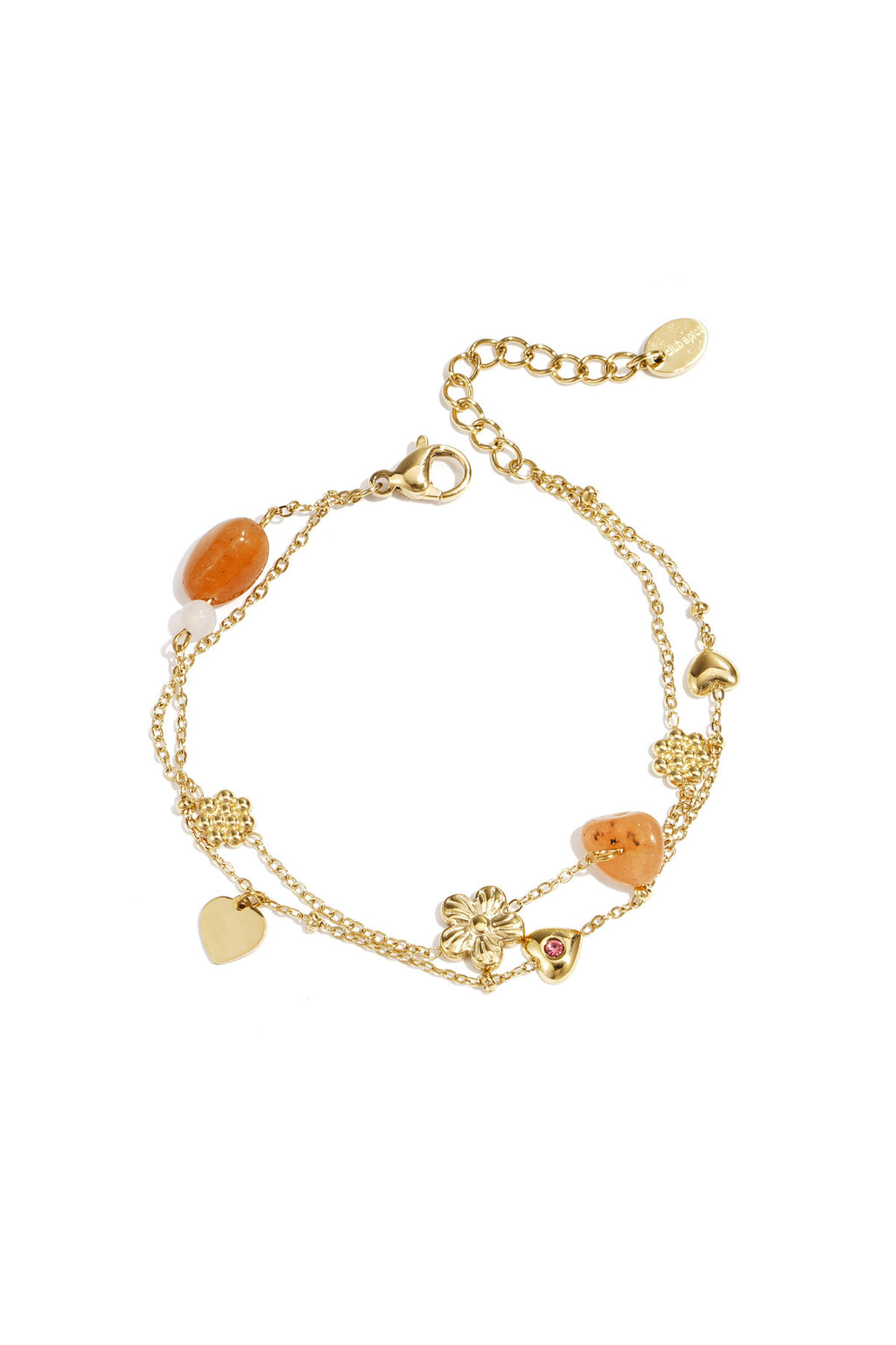 Charm bracelet with orange beads, flowers and hearts