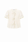 Woven Polyester Fiber Women's Short Sleeve Tops Elegant Tie-up Solid Color